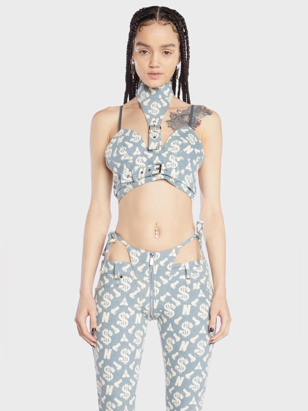 Namilia Monogram Denim Neck Holder Top Women’s Size Small In Light Blue